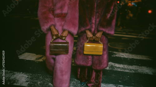 two models crossing the street, caught by paparazzi flash, glossy handbags and bold layering, vintage fashion vibe