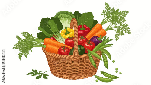 A woven basket overflowing with colorful fresh vegetables