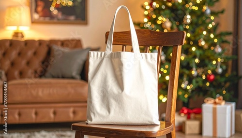 Eco-Friendly Tote Bag Display in Festive Christmas Setting