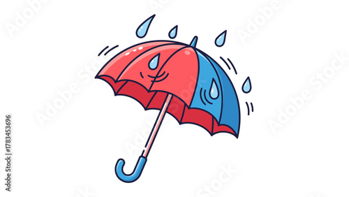 An umbrella with red and blue sections caught in a downpour