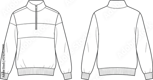 PrintHalf zip pullover sweatshirt front and back view, apparel design template, clothing flat sketch, unisex fashion mockup, vector illustration, casual wear.