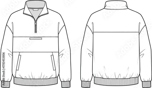 PrintHalf zip pullover jacket technical flat sketch, unisex casual outerwear design, ribbed cuffs and hem apparel template, fashion vector illustration