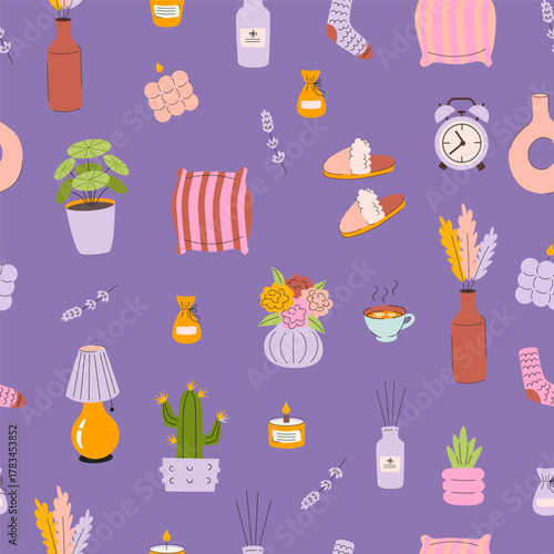 Home decor seamless pattern, cozy objects on purple vector background