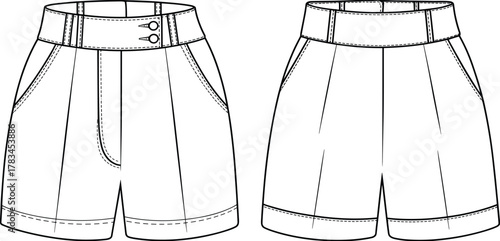PrintHigh waist women shorts technical flat sketch, elegant summer fashion design illustration with front and back view, clothing vector template