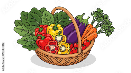 Basket of fresh vegetables including peppers eggplants carrots and spinach