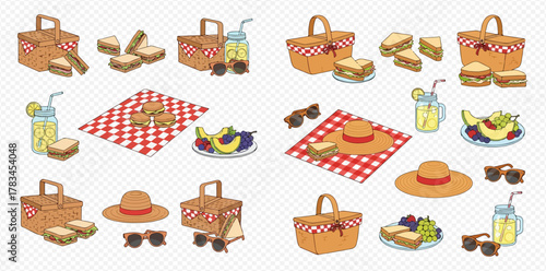 A collection of hand-drawn picnic essentials including baskets, sandwiches, drinks, fruits, checkered blankets, sun hats, and sunglasses.