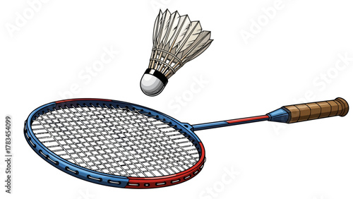 Badminton racket and shuttlecock on a white background