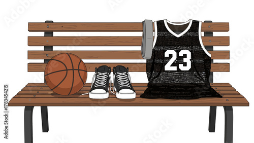 Basketball gear on a wooden bench