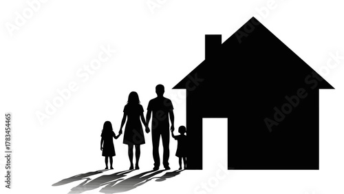 Black silhouette of a family and a house