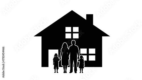 Black silhouette of a house with a family of four