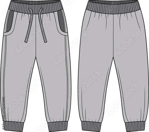 Gray jogger sweatpants front and back view, elastic waistband, drawstring, ribbed cuffs, fashion apparel, clothing design, cad drawing flat vector illustration