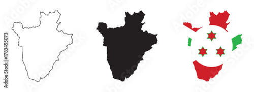 Burundi map vector with editable country outline black silhouette and national flag featuring red white green with three red stars for geography, education, and African culture illustration projects