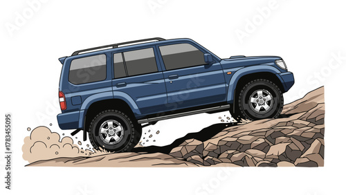 Blue SUV drives over rocky terrain with dirt kicked up
