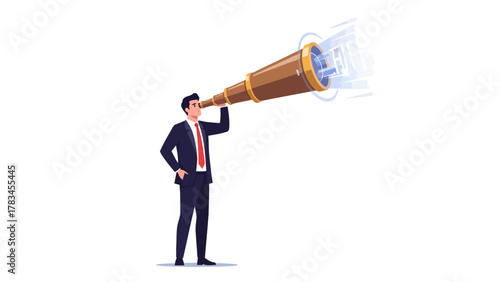 Businessman looking through a spyglass at abstract lights