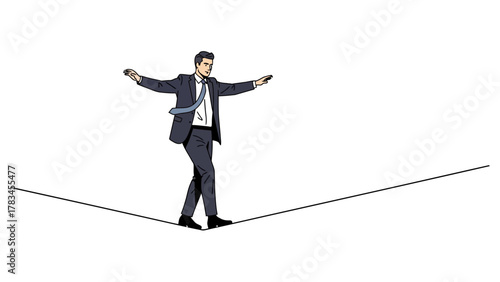 Businessman on a tightrope balancing with arms outstretched