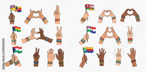 Diverse hands with various skin tones making heart and peace gestures, holding flags of African nations, symbolizing unity and diversity.