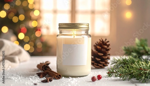 Aromatic holiday candle with a blank label for mockup, set in a cozy winter Christmas atmosphere with festive lights and natural decor