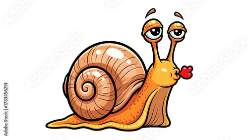 Cartoon snail blowing a kiss with bright orange body and spiral shell