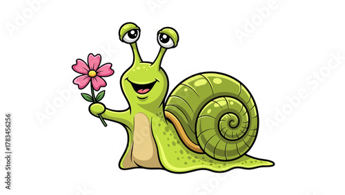 Cartoon snail holding a pink flower