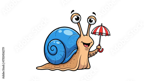 Cartoon snail with blue shell holding a red and white umbrella