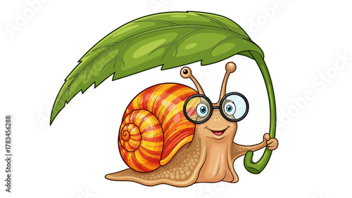 Cartoon snail with glasses holding a large green leaf