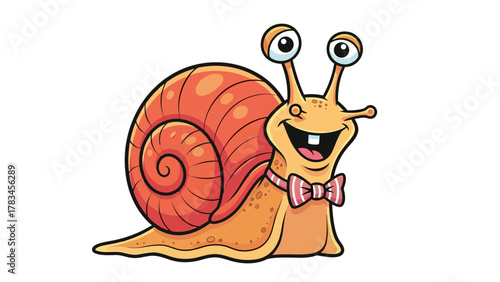 Cartoon snail with orange shell and bow tie smiles widely