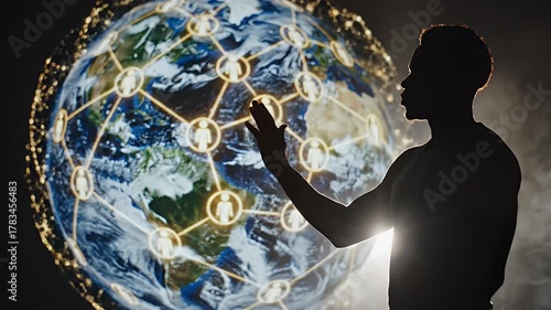 Man Interacting with Global Network Projection Technology and Connection.