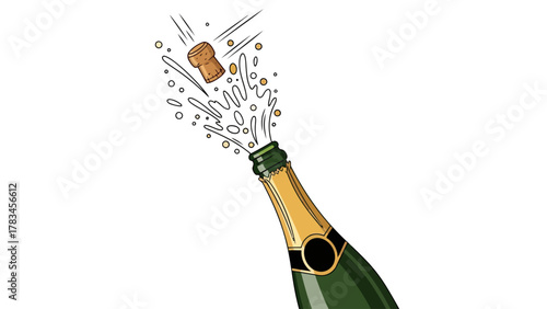 Champagne bottle cork pops with liquid splash