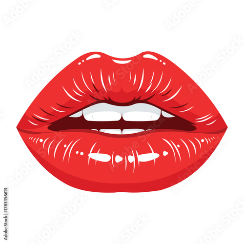 Close up of glossy red lips with white teeth showing, vector illustration