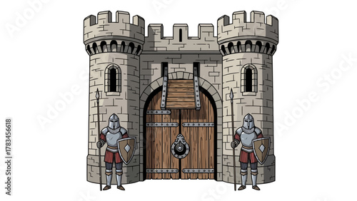 Castle gate with two guards and a drawbridge