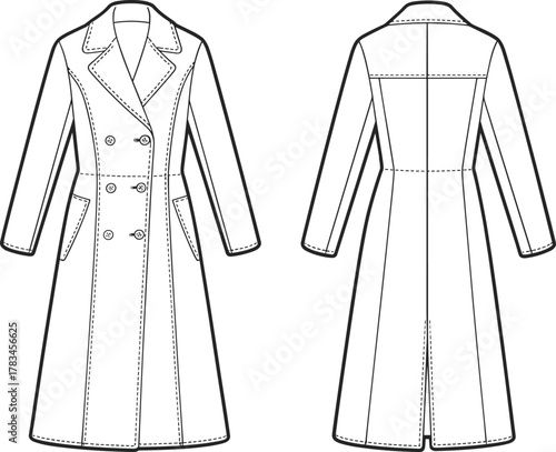 PrintLong double-breasted trench coat fashion flat sketch, women outerwear technical drawing, detailed vector coat design template, front and back view illustration.
