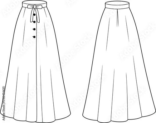 PrintLong skirt fashion illustration with waistband bow, button front detail, elegant flowing silhouette, back view design, stylish garment template drawing