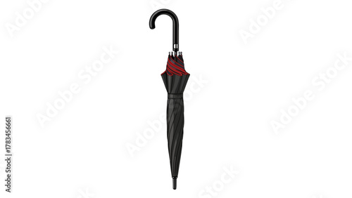 Closed black umbrella with a curved black handle and red accents