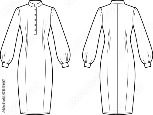 PrintLong sleeve button front dress fashion flat sketch, women’s apparel design template, technical clothing drawing, elegant midi dress illustration, vector outline.