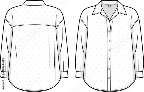 PrintLong sleeve button up shirt flat sketch, women fashion design template, classic collar blouse technical drawing front and back view