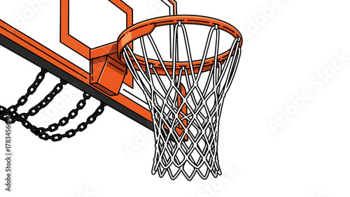 Closeup of an orange basketball hoop with a white net and black chains