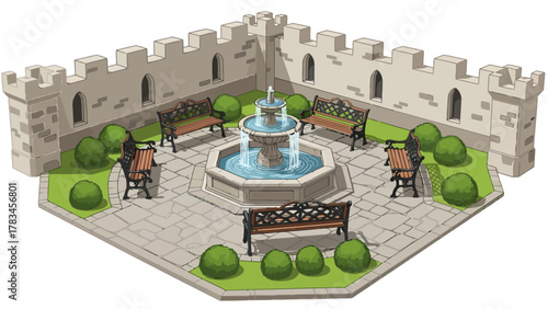 Courtyard with fountain benches and castlelike walls