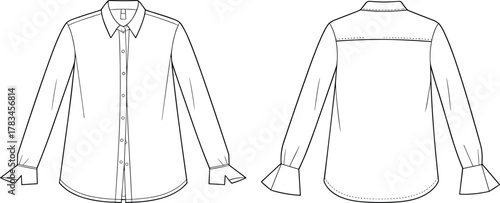 PrintLong sleeve women shirt fashion template with collar, button front details, cuff design, back view illustration, apparel technical flat sketch drawing