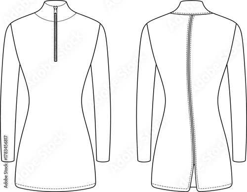 PrintLong sleeve women top flat sketch, technical fashion drawing with front zipper, mock neck design, fitted silhouette, front and back view
