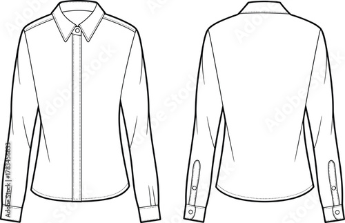 PrintLong sleeve women shirt technical flat sketch, vector fashion template, front and back view, apparel design drawing, clothing outline illustration