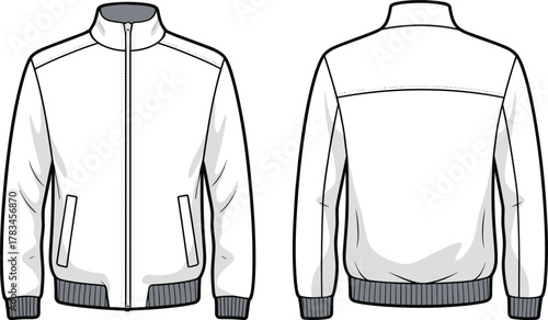 PrintMen bomber jacket technical flat sketch, front and back view, vector fashion design template, zipper pocket, stylish casual outerwear illustration