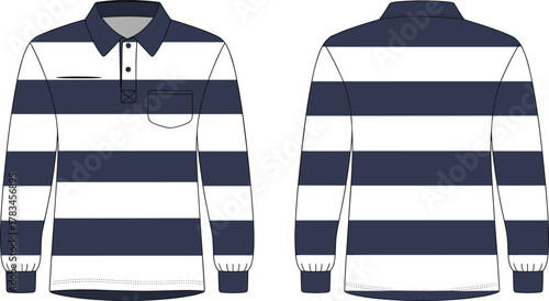 PrintMen long sleeve rugby polo shirt front and back view, striped design, casual sportswear template, fashion flat sketch, vector illustration