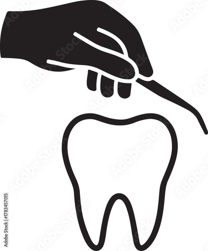 Abstract silhouette of dentist’s hand hovering over a large tooth model, vector art.