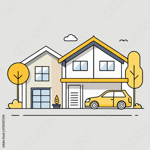 Illustration of a modern house with a car parked in the garage, trees around