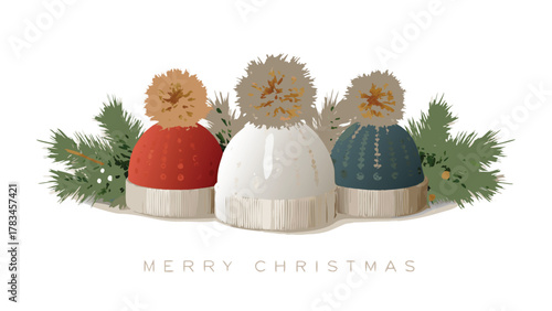 Three festive knitted winter hats with pom poms and pine branches for a merry christmas greeting