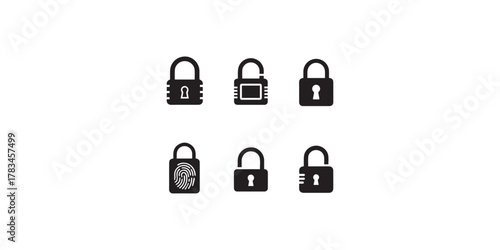 Lock icon collection. Locked and unlocked black line icon set. Flat security symbol., Padlock icon set showing locked and unlocked states in outline and solid styles. Perfect for security, privacy