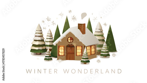 Cozy snow covered cottage surrounded by pine trees with falling snowflakes and warm light emanating from windows