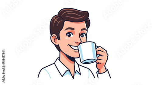 Man in a white shirt drinks from a white mug