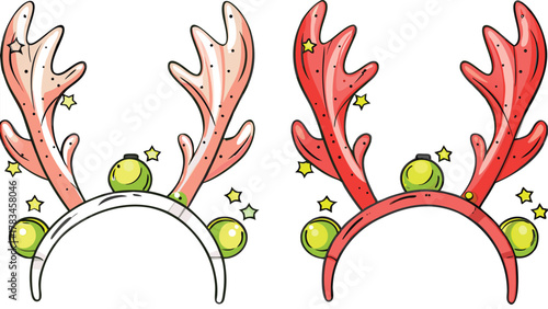 Cute cartoon reindeer antlers headbands with christmas ornaments and stars in red and pink colors