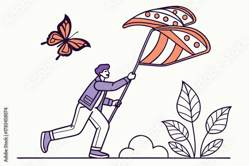 Man with butterfly net trying to catch a butterfly in nature illustration